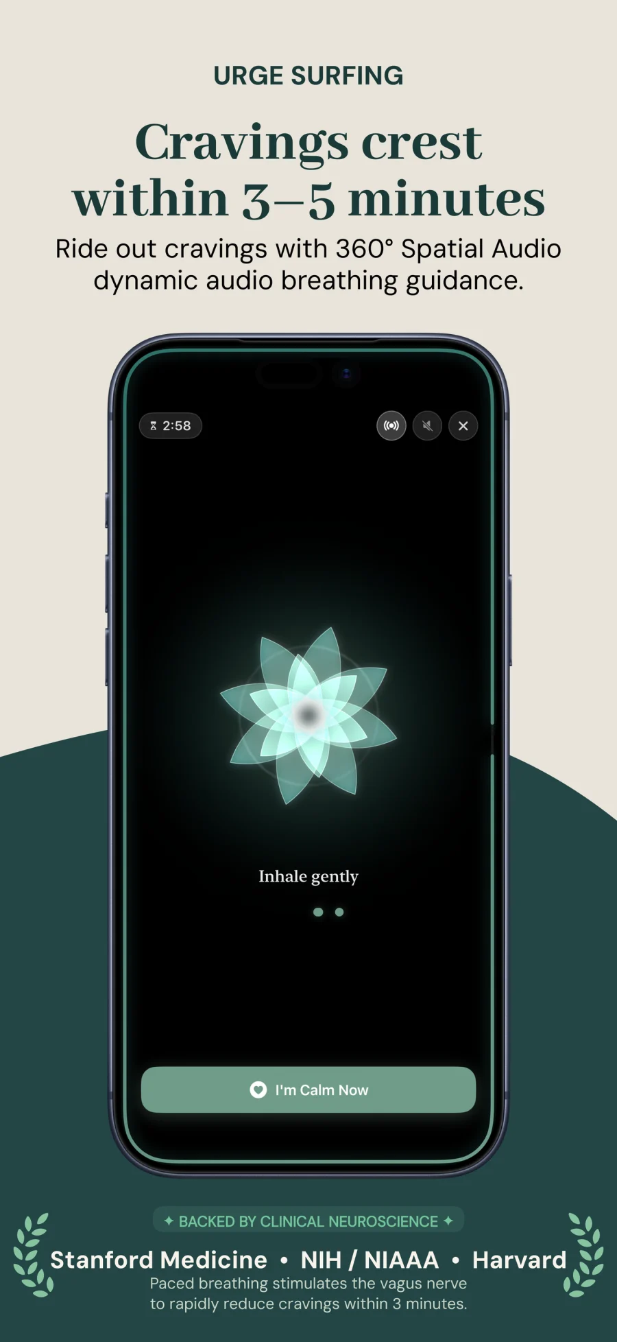 Urge Surfing screen showing cravings crest within 3-5 minutes with 360 Spatial Audio breathing guidance