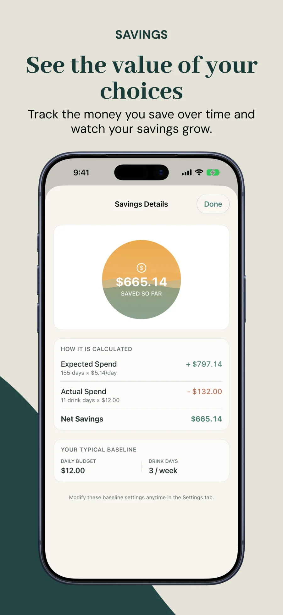 Savings details screen showing exact money and drinks saved over time