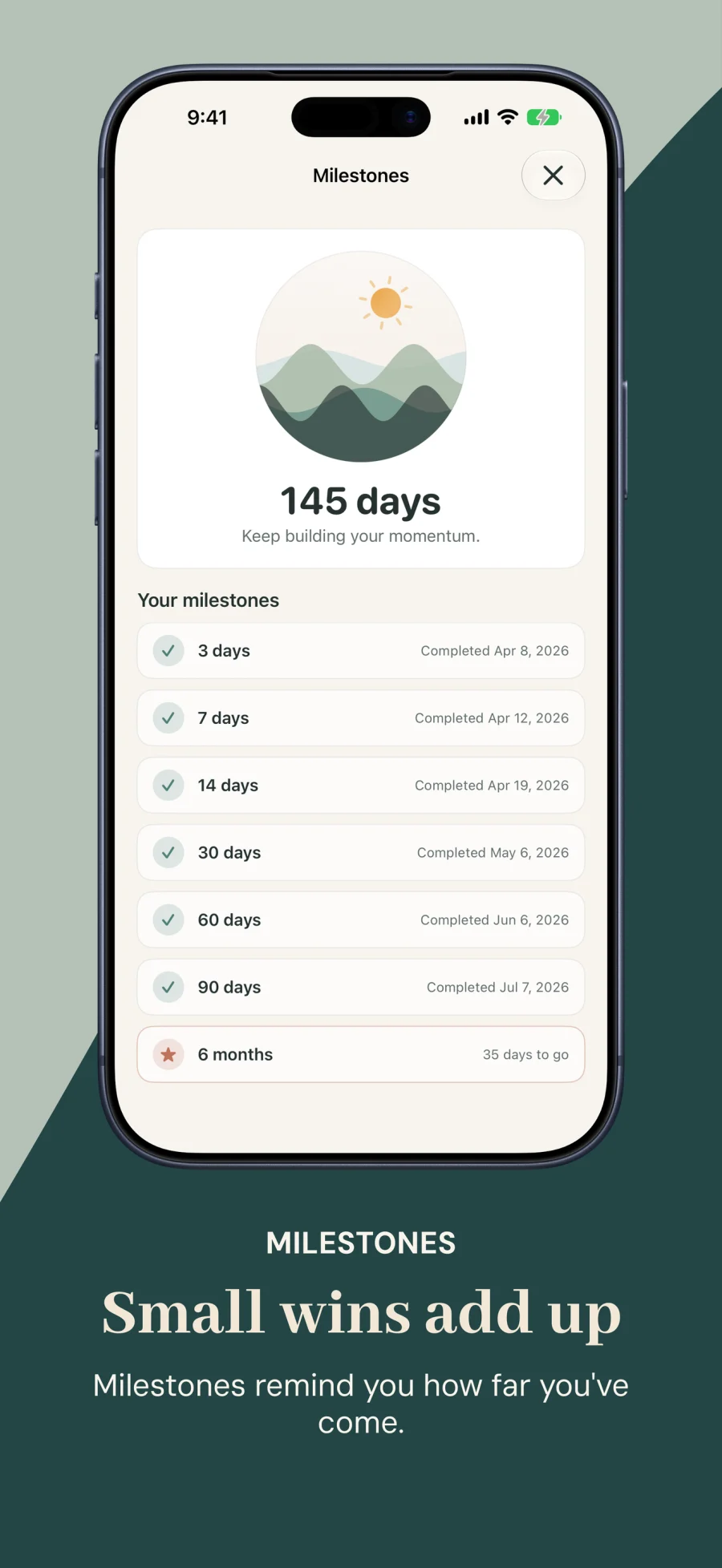 Milestones screen celebrating 3 days to 145+ alcohol-free days