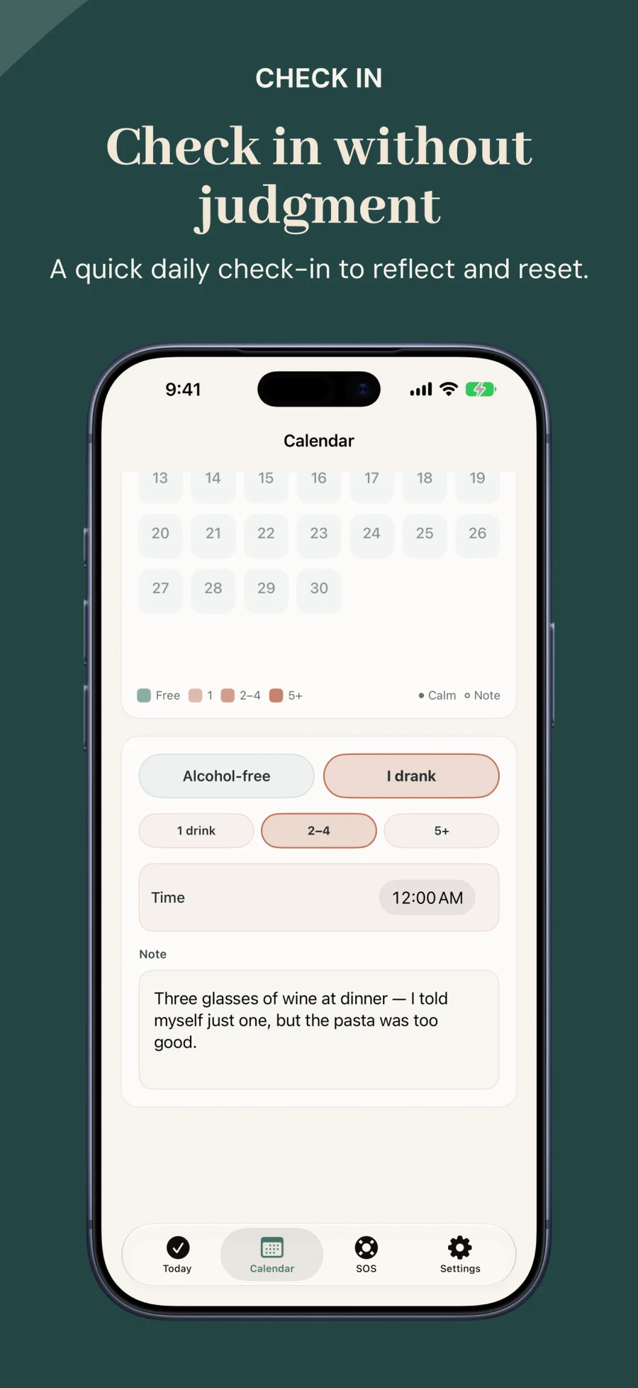 Daily check-in without judgment with alcohol-free and drink-level choices
