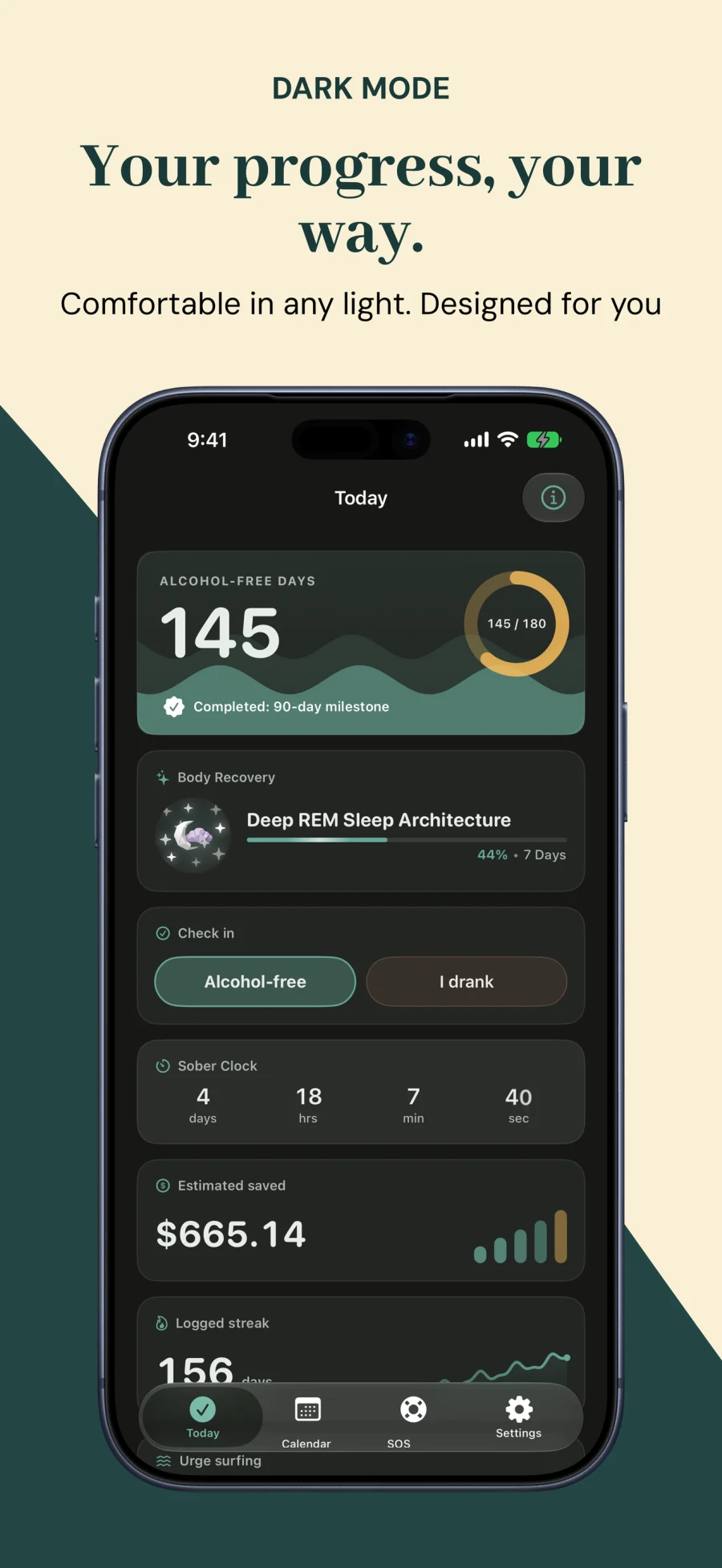 Alcohol Free Tracker Today dashboard in comfortable Dark Mode