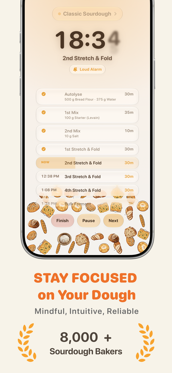 Multi-stage sourdough bake timeline with active countdown and next-day schedule