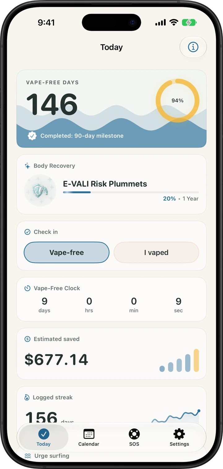 Quit Vaping Today screen showing vape-free days, check-in controls, body recovery timeline, savings estimate, and streak